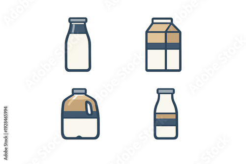 A set of four minimalist vector icons representing different types of milk containers including a bottle, a carton, and a jug, displayed on a solid black background.
