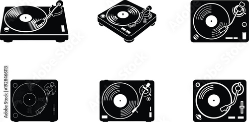 Classic turntable silhouette retro music player vinyl set on white background