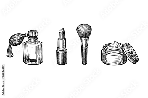 A vintage-style black and white illustration featuring a perfume bottle with an atomizer, a lipstick, a makeup brush, and a jar of face cream against a solid black background.