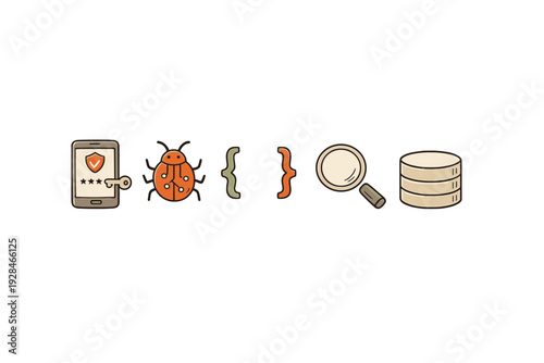 A row of five stylized icons representing software development and cybersecurity, including a secure mobile device, a bug, code braces, a magnifying glass, and a database.