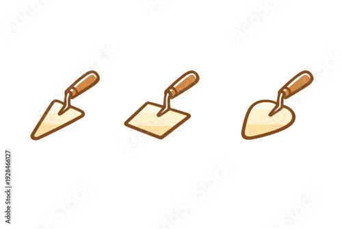 Three different types of masonry trowels are displayed in a row against a black background. The set includes a triangular, a rectangular, and a rounded tool with wooden handles.