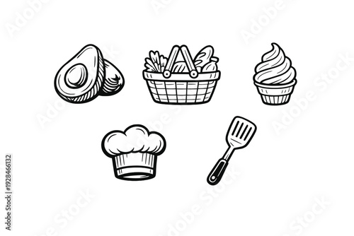 This set of white minimalist icons on a black background includes an avocado, a grocery basket, a swirl cupcake, a chef hat, and a kitchen spatula for culinary designs.