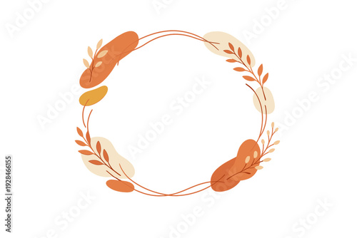 This minimalist circular wreath frame is composed of thin brown lines, abstract blobs, and botanical sprigs in warm orange and cream colors on a black background.
