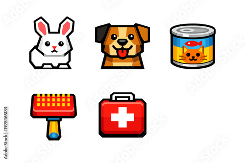 This set of five flat vector icons includes a white rabbit, a smiling brown dog, a can of cat food, a grooming brush, and a red medical first aid kit against a black backdrop.