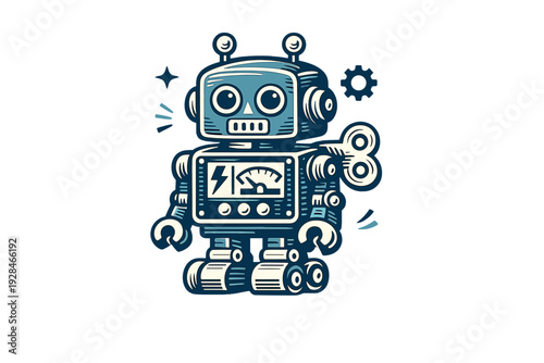 This retro-style mechanical robot illustration features a wind-up key, chest meter, and treaded feet. The character is depicted in a limited blue and white color scheme on black.
