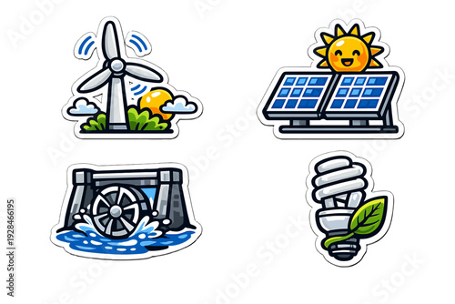 A collection of four colorful stickers representing renewable energy sources including a wind turbine, solar panels with a sun, a hydroelectric dam, and an energy-efficient light bulb.