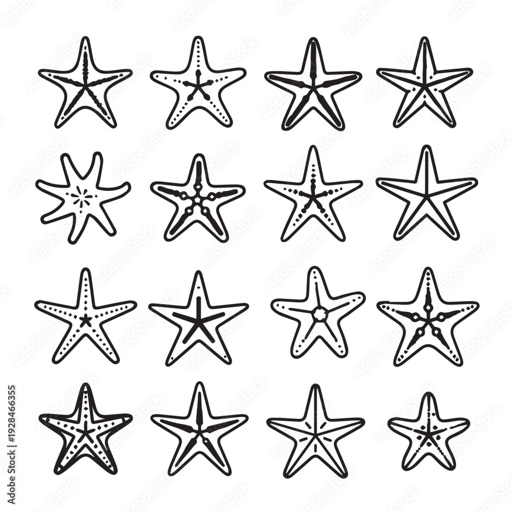 Obraz premium Collection of Starfish Icons Various Designs Isolated on White Background
