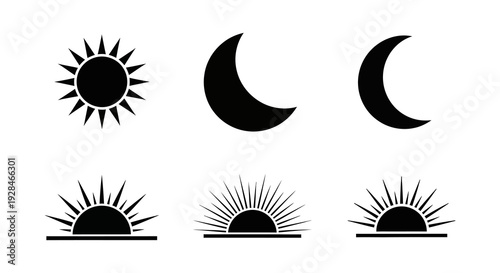 Black silhouettes of sun and moon phases against a white background