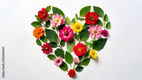 Heart of assorted flowers arranged flat lay on white background.