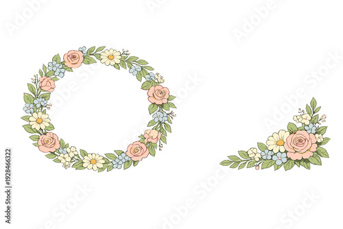 This illustration features a delicate floral wreath and a matching corner bouquet with pink roses, cream daisies, and blue forget-me-nots surrounded by green foliage on a black backdrop.
