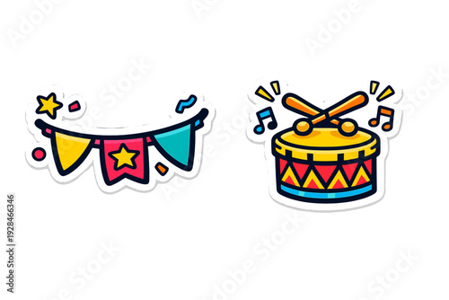 A set of two colorful cartoon stickers featuring a festive bunting banner with stars and a vibrant drum with drumsticks and musical notes, isolated on a black background.