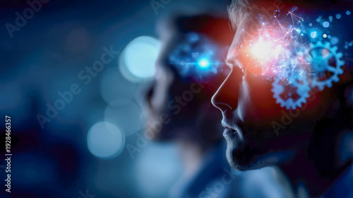 Conceptual side profiles of two human heads with glowing gears and network light, artificial intelligence and creative thinking technology concept