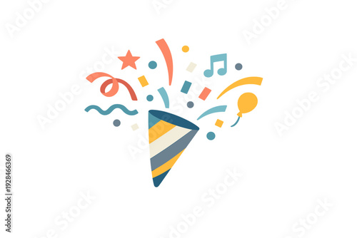 This graphic illustration shows a festive party popper bursting with colorful confetti, streamers, a star, and a musical note, set against a dark black backdrop for celebration.