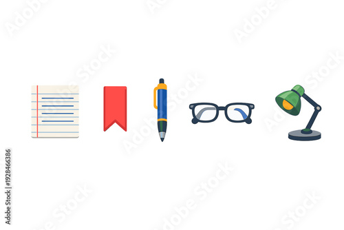 A row of five flat design icons featuring a lined notepad, a red bookmark, a blue ballpoint pen, black-framed glasses, and a green desk lamp set against a solid black background.