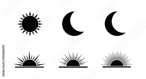 Simple black icons depicting the sun moon and various sunrise sunset phases