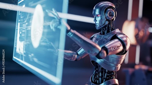 Sleek silver robot touching a glowing blue screen with digital data in a modern setting