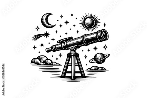 A black and white woodcut style illustration features a telescope on a tripod aimed at a night sky containing a crescent moon, stars, a comet, and the planet Saturn.