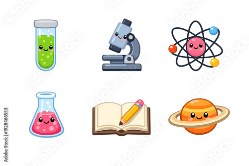 A collection of six cute science icons featuring a test tube, microscope, atom, flask, book with pencil, and planet Saturn, most of which have smiling faces on a solid black background.