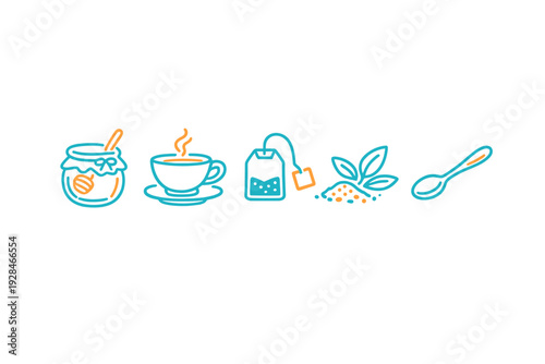 A set of five minimalist line art icons representing tea preparation, including a honey jar, a steaming cup, a tea bag, loose leaves with powder, and a spoon on a black background.