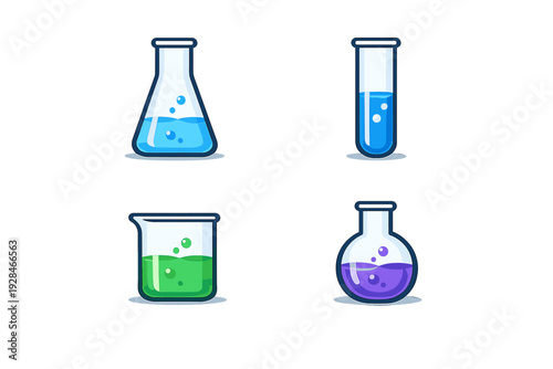 A set of four laboratory glassware illustrations including an Erlenmeyer flask, test tube, beaker, and round-bottom flask filled with colorful liquids and bubbles on a dark background.