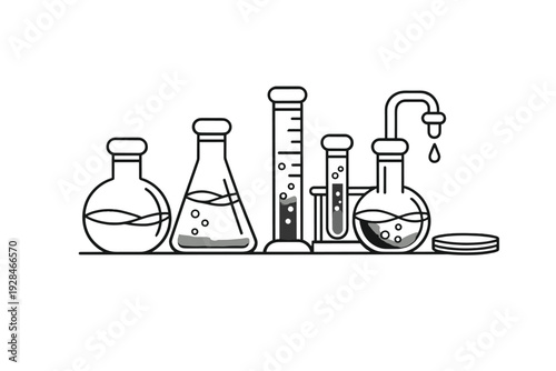A black and white line art illustration featuring various laboratory glassware including flasks, a graduated cylinder, and test tubes arranged on a shelf for scientific research.