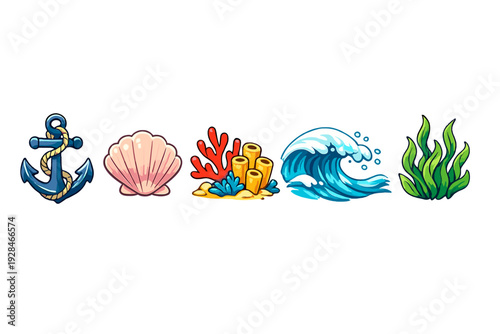 A collection of five vibrant ocean-themed icons including a blue anchor with rope, a pink seashell, colorful coral reef, a cresting blue wave, and green seaweed on a black background.