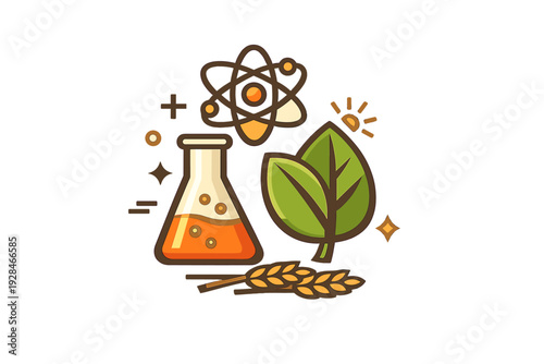 A stylized vector illustration featuring an Erlenmeyer flask with orange liquid, green leaves, an atom symbol, and wheat stalks, representing agricultural science and biotechnology.