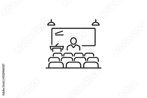 This minimalist line icon illustrates a lecture hall or classroom environment featuring a lecturer, a presentation board, a lectern, and multiple rows of seating for an audience.