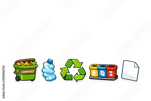 A collection of cartoon icons representing recycling and waste management, including a compost bin, a plastic bottle, a recycling symbol, sorted bins, and a sheet of paper on a black background.