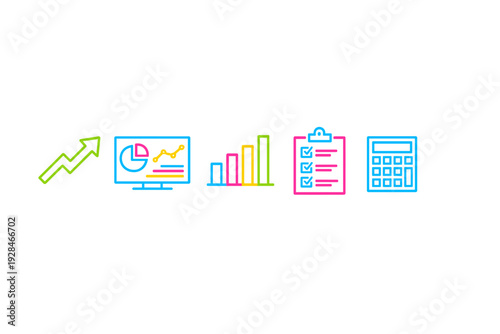 Five vibrant neon business icons including an upward arrow, data monitor, bar chart, checklist, and calculator displayed horizontally against a dark black backdrop.