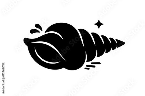 A minimalist black and white line art illustration of a spiral seashell. The drawing features a conch shell with a decorative star and small water ripples on a black background.