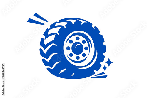 This blue illustration features a large vehicle tire with a rugged tread pattern and a central rim, accented by stylized sparkles and motion lines on a black backdrop.
