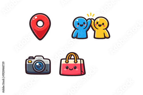 A collection of four cute cartoon icons featuring a red location pin, two characters giving a high-five, a digital camera, and a smiling shopping bag on a black background.