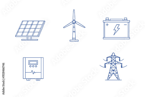 A collection of blue line icons on a black background representing renewable energy sources like solar panels and wind turbines, along with power storage and grid infrastructure.