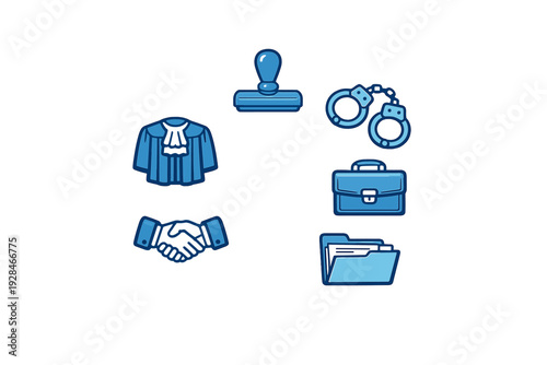 A collection of blue law and justice icons including a judge's robe, handcuffs, a briefcase, a file folder, a rubber stamp, and a handshake, all set against a solid black background.
