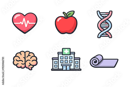 A collection of six health and wellness icons featuring a heart with a heartbeat, a red apple, a DNA strand, a human brain, a hospital building, and a rolled yoga mat on a black background.
