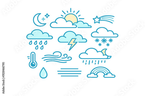 This set of weather icons includes symbols for sun, rain, snow, wind, and lightning. The minimalist blue and yellow line art design is presented on a solid black background.