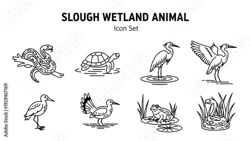 Whimsical line drawings of various sloths engaging in wetland activities Vector