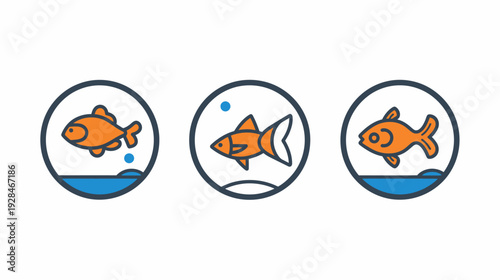 Three stylized, orange fish inside circular tanks, blue water and bubbles, simple outline design
