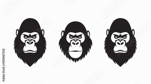 Three graphic representations of a gorilla's head, in a bold black and white design, on a white background