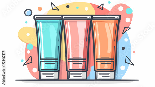 Illustration of three colorful tubes against a backdrop of geometric shapes and dots