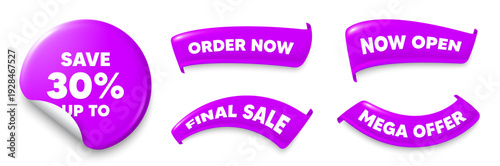 Discount purple sticker, Sale offer ribbons. Final sale, Order now. Save up to 30 percent tag. Discount Sale offer price sign. Special offer symbol. Sticker badge. Flag ribbon banners. Vector