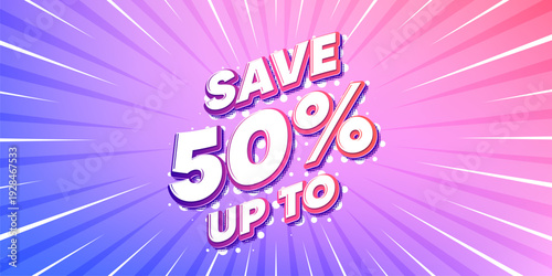 Discount sun rays gradient banner. Light burst background. Save up to 50 percent tag. Discount Sale offer price sign. Special offer symbol. Gradient sun rays. Sunburst light. Vector