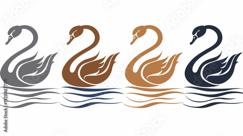 Four stylized swans of varying colors, reflected in waves. Simple line art with monochrome palette