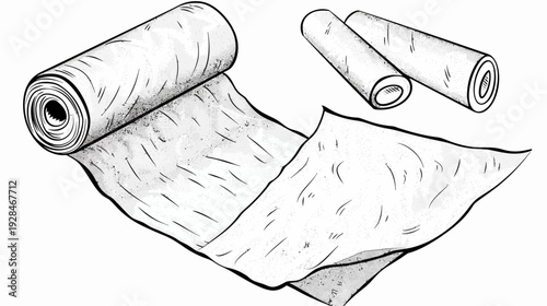 A hand-drawn illustration of unwound rolls of material, some partially rolled, on white