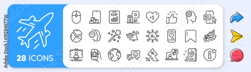 Place, Plane and Love chat line icons. Interest rate, AI generate, Inflation icons. Pack of Magic wand, Phone image, Smile icon. Online storage, Training results, Info pictogram. Vector