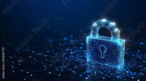 A digital illustration of a glowing blue padlock on a dark background with a network of connections