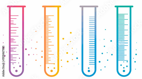 Four gradient-colored beakers with measurement lines, alongside scattered particles on a white backdrop