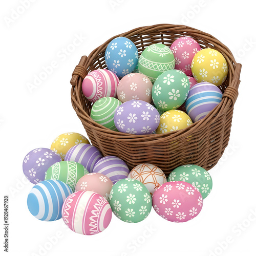 A basket filled with colorful plastic eggs and a few scattered on the ground isolated on transparent background