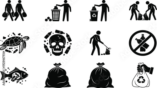 Environmental conservation silhouettes, plastic pollution awareness, recycling waste management